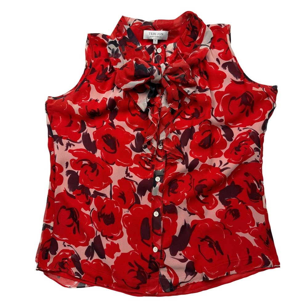 Teri Jon Sportswear 100% Silk Red Floral Ruffle Tie Neck Blouse Size 6